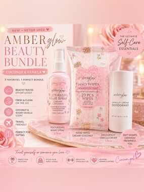 NEW Amber Glow Coconut & Vanilla Beauty Bundle Wave Spray + Wipes + Deodorant